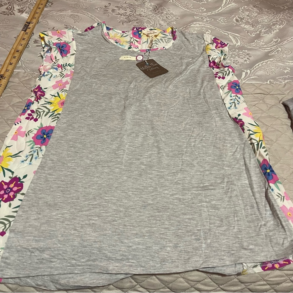 Matilda Jane Gray Top with Floral Sleeves